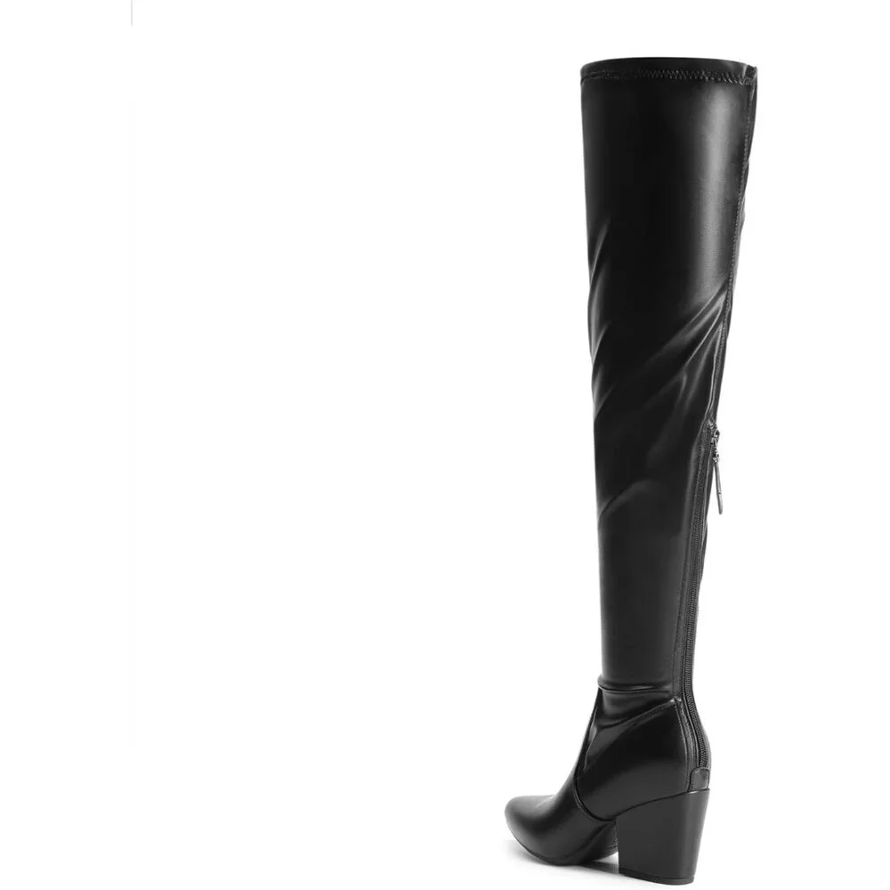 Women's Black-Pu Thigh High Knee Chunky Pointed Toe Long Block Stylish Heel Boot - Picture 4 of 7